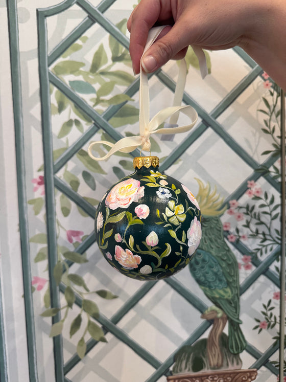 Blushing Peonies on Green Hand Painted Ornament