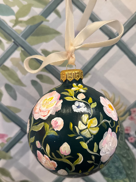 Blushing Peonies on Green Hand Painted Ornament
