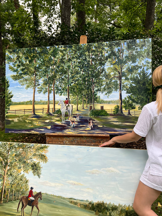 girl stands beside large oil paintings of hunt country virginia