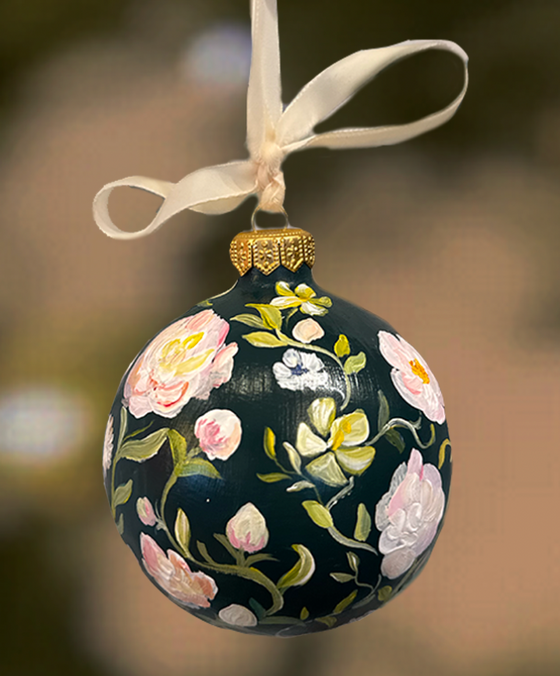 Blushing Peonies on Green Hand Painted Ornament