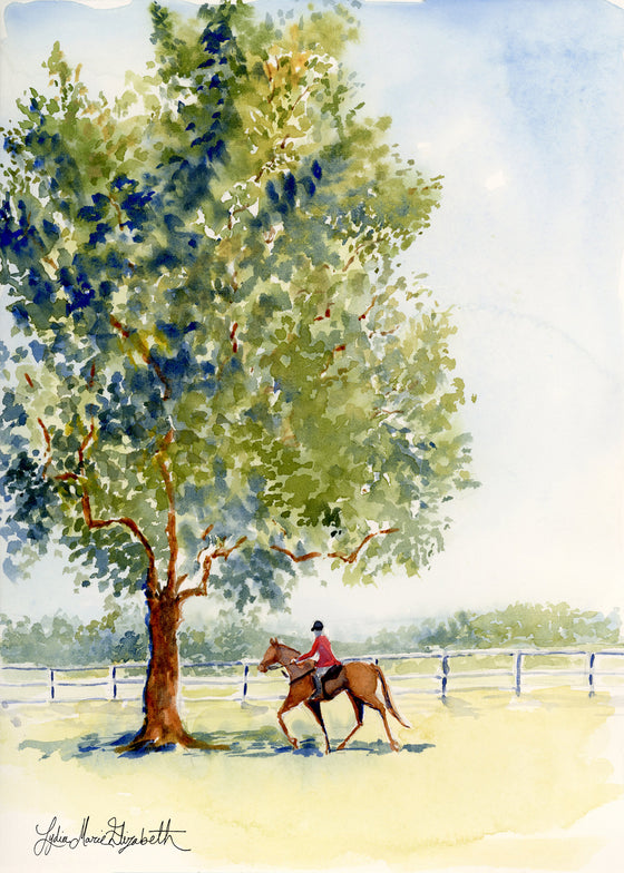 watercolor art of hunt country virginia with horse and rider by lydia marie elizabeth