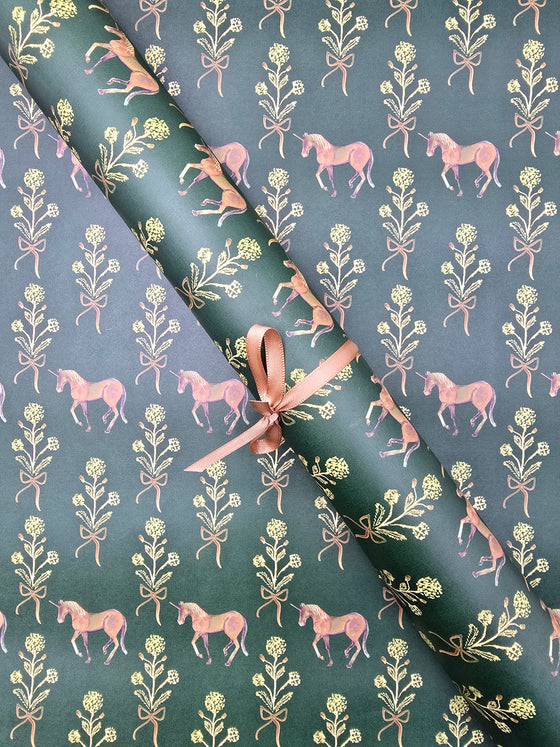 Whimsical Block Print on Green Wrapping Paper